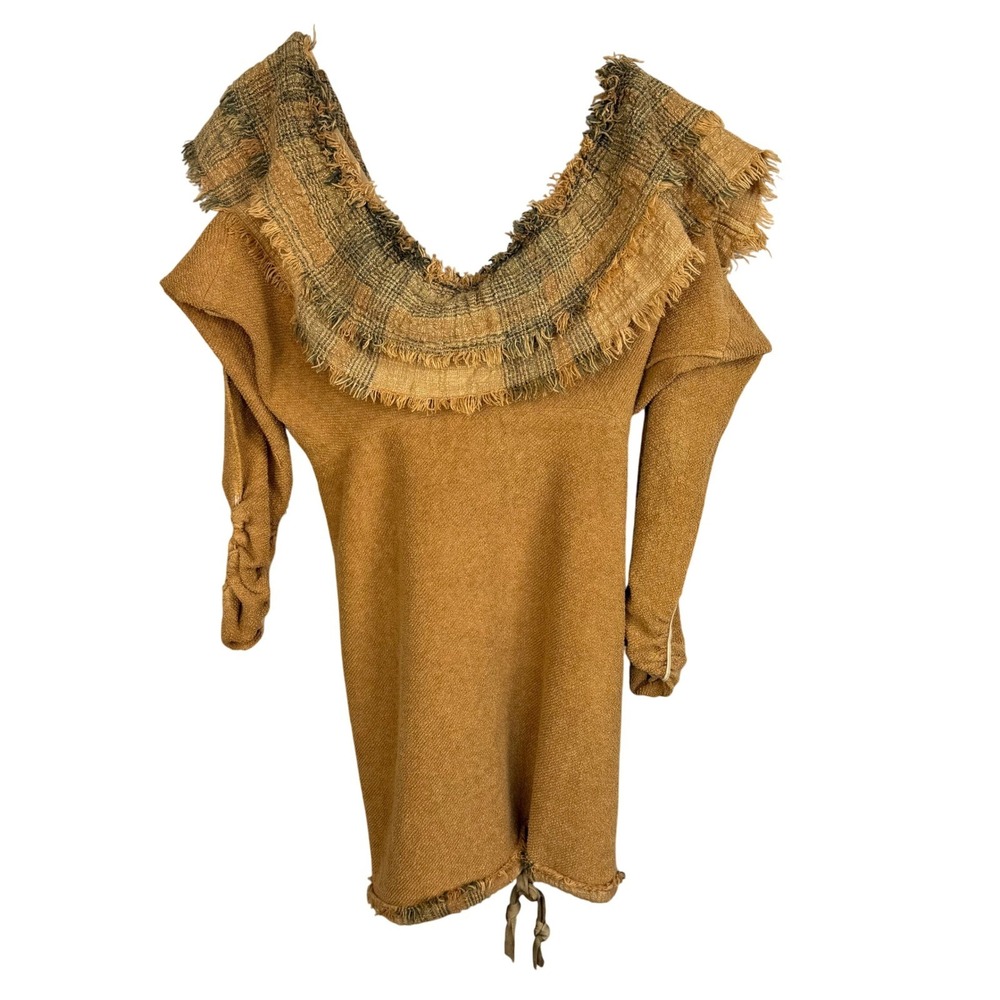 Free People Plaid Fringe Sweater Dress Tunic Women's XS Amber Off-Shoulder Boho